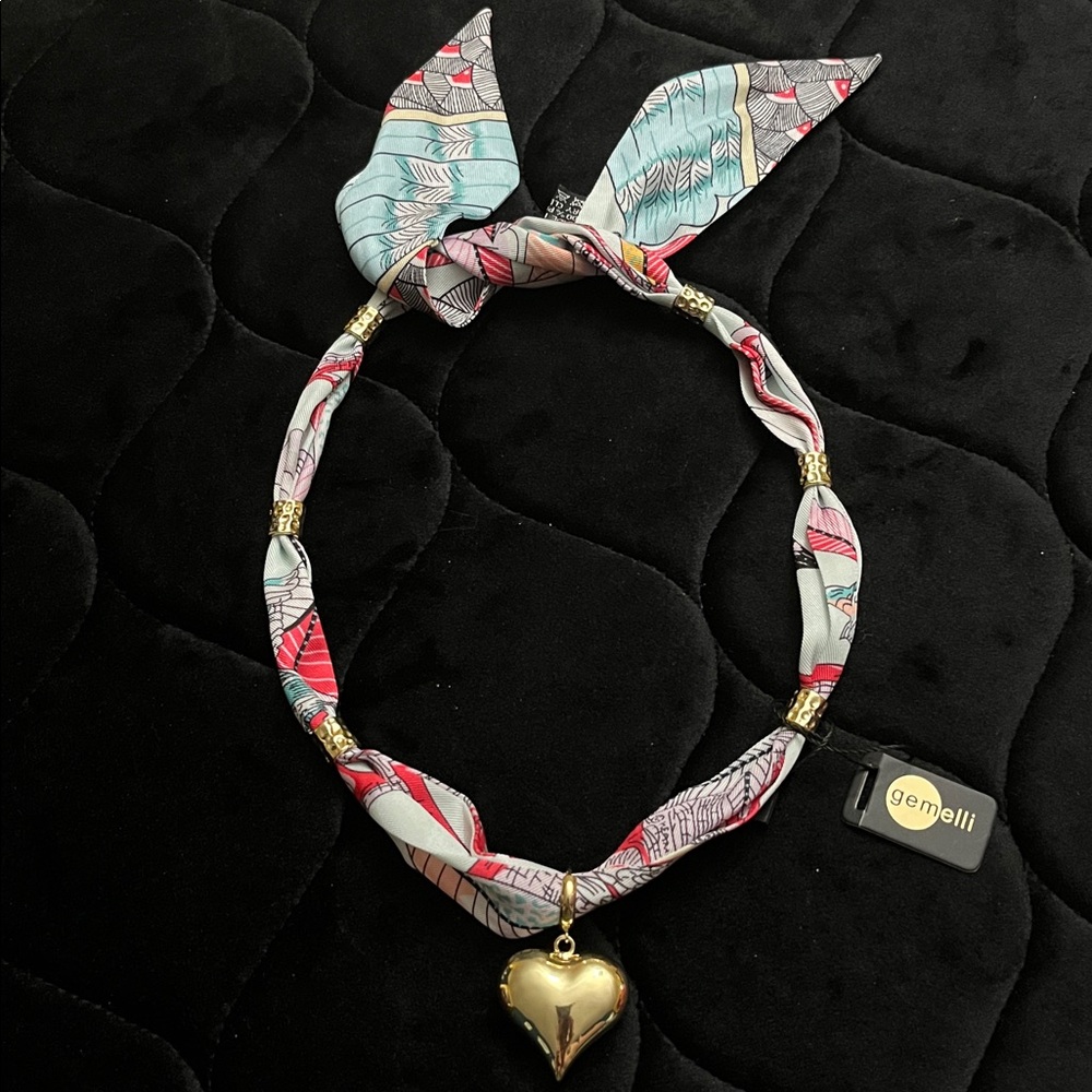 Gemelli Multicolor Silk Scarf Necklace with Gold Heart Pendant